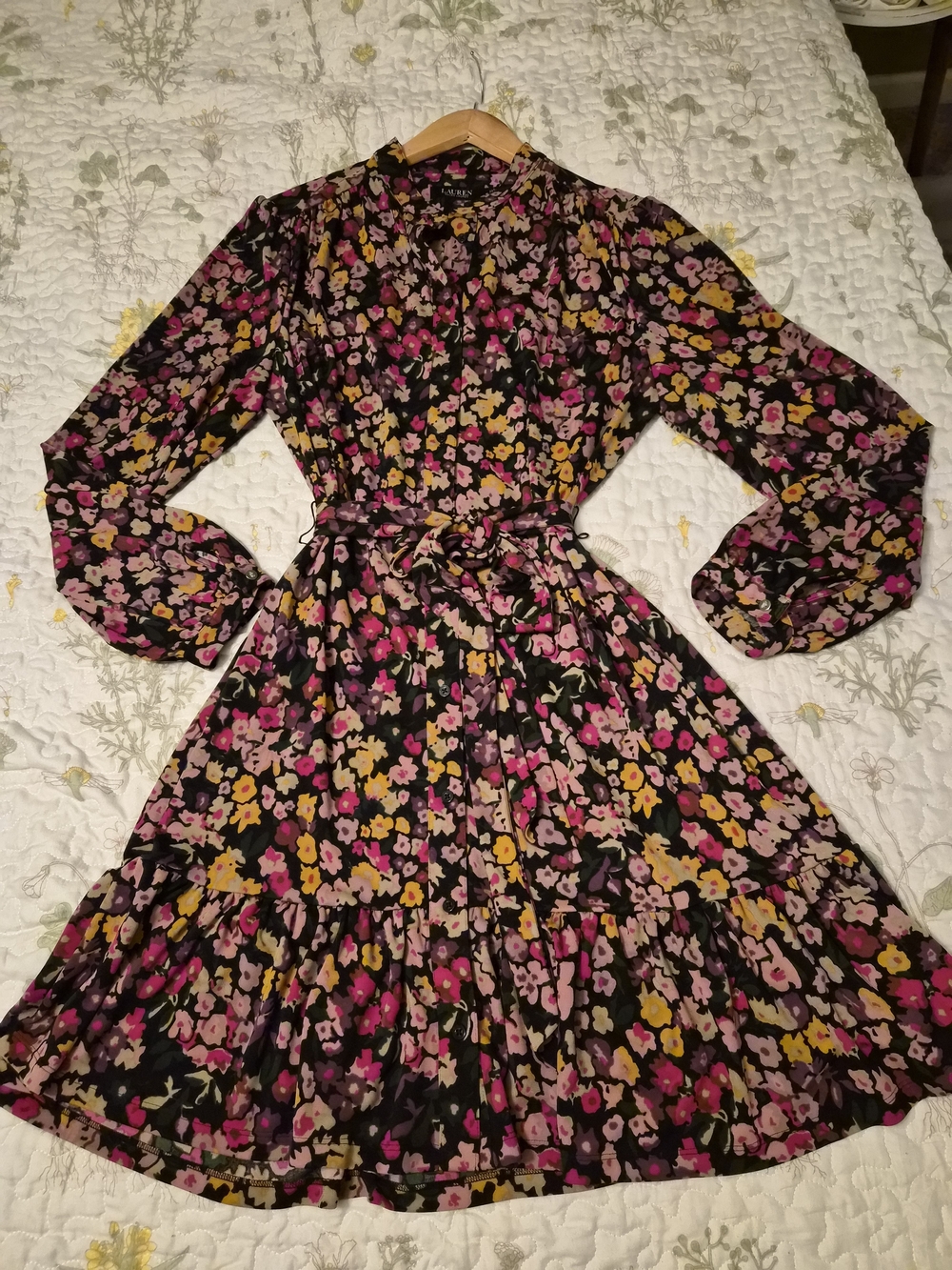 Floral Long-Sleeve Tie-Waist Dress - Black with Pink & Yellow Floral